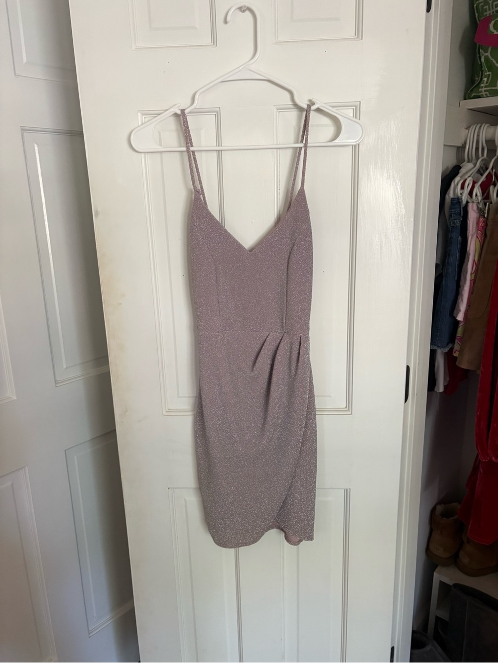 Spaghetti Strap V-Neck Glitter Bodycon Dress - Pink